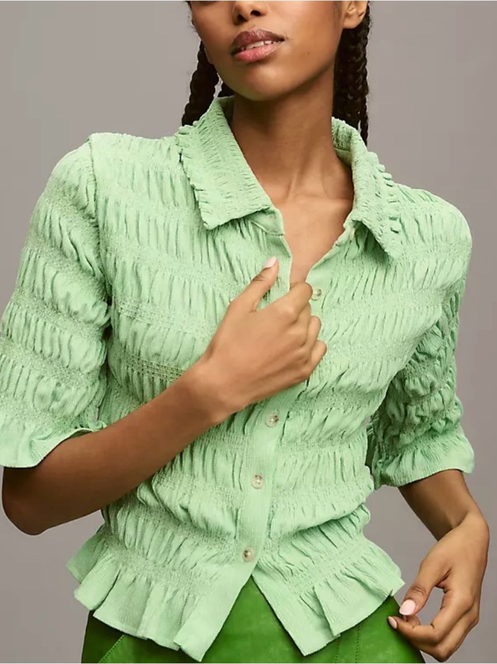 Maeve Lime green smocked Button-Front Women's Top XS